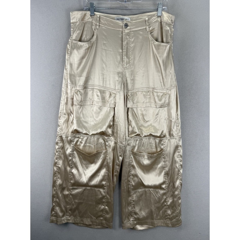 Madden Girl Women's Sz Large‎ Beige Satin Cargo Utility Wide Leg Pant